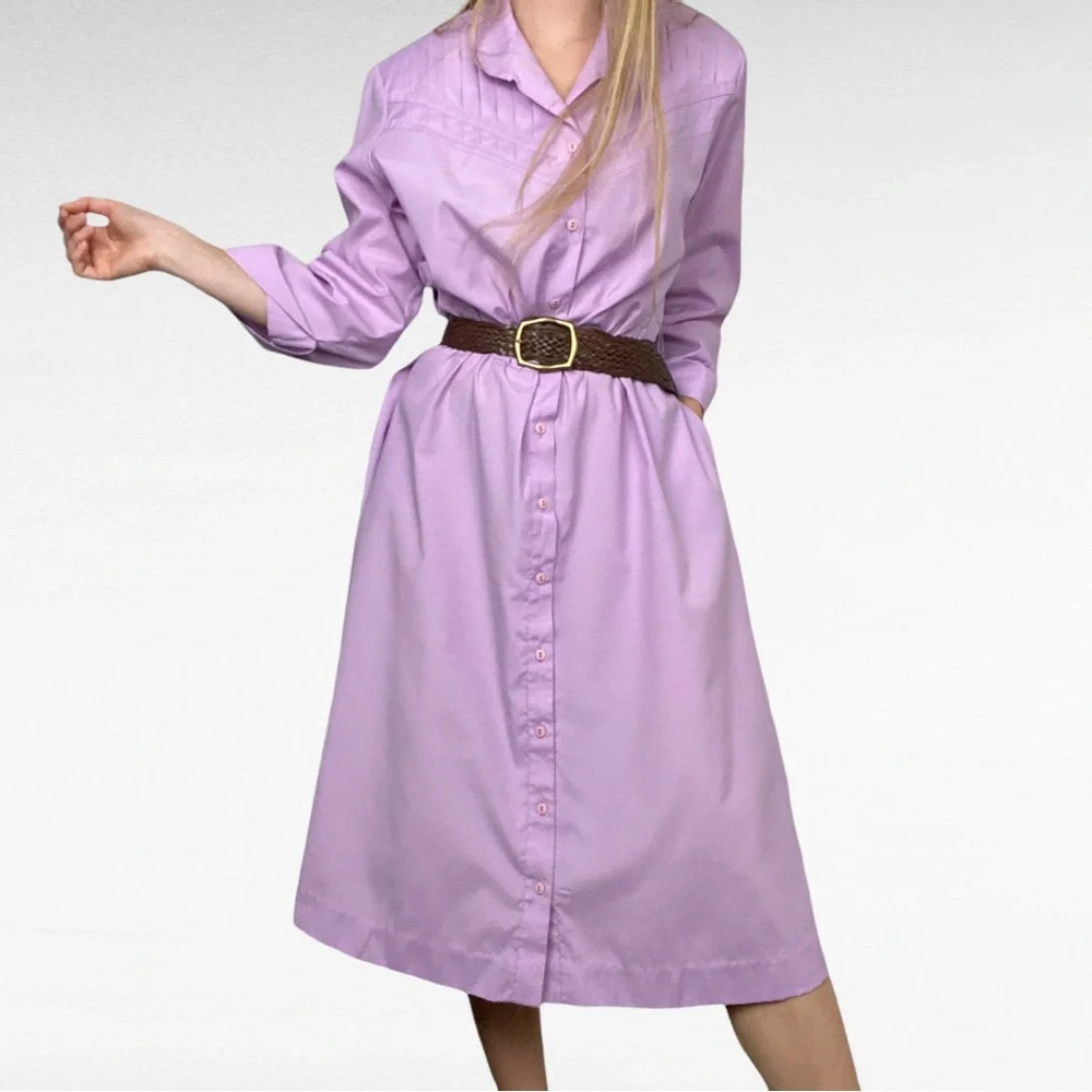 VINTAGE 80s Willi California Lavender Belted Retro Button Down Shirt Dress - Picture 2 of 10